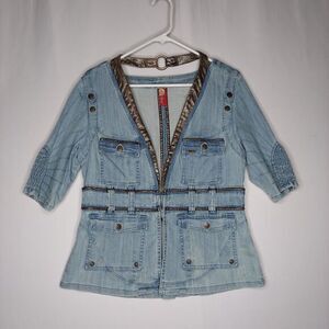 Vtg Apple Bottoms Denim Jacket‎ Large Blue Half-Sleeve Faux Leather Trim Y2K
